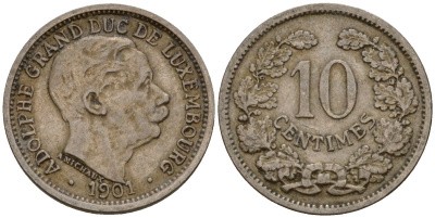 Люксембург 10 сантимов 1901 Адольф (1890-1905) KM 25 медно-никель 4602-439