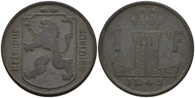 Бельгия 1 франк 1943 Belgique - Belgie, Леопольд III (1934-1947), германская оккупация, Вторая мировая война KM 127 цинк 4161-527