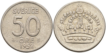 Швеция 50 эре 1952 TS, Густав VI Адольф (1950-1973) KM 825 серебро 4148-915
