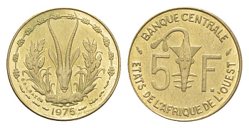 Западная Африка (BCEAO) 5 франков 1975 KM 2a медь алюминий никель UNC 4651-866