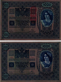 АВСТРИЯ 1000 КРОН 1919 КРАСНАЯ ВЕРТИКАЛЬНАЯ НАДПЕЧАТКА НА 1902 Pick 59 бумага XF 8607-2-1