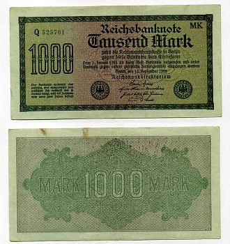 ГЕРМАНИЯ 1000 МАРОК 1922 15 СЕНТЯБРЯ 1922, ВОДЯНОЙ ЗНАК К, ЗЕЛЁНАЯ БУМАГА Pick 76h бумага 6283-51-2