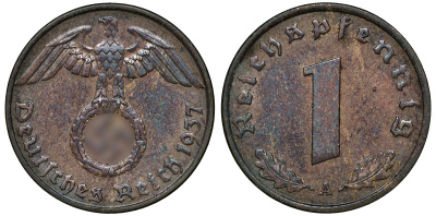 ГЕРМАНИЯ 1 РЕЙХСПФЕННИГ 1937 A J 361, KM 89 бронза aUNC 72-1615