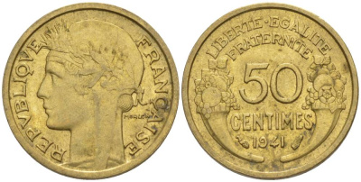 ФРАНЦИЯ 50 САНТИМОВ 1941 ТИП MORLON KM 894.1, LE FRANC 192.18 алюминиевая бронза 44-639