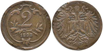 АВСТРИЯ 2 ГЕЛЛЕРА 1893 ФРАНЦ ИОСИФ (1848-1916) KM 2801 бронза 100-523