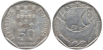 Португалия 50 эскудо 1987 парусник KM 635 медно-никель 69-541