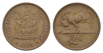 ЮАР 2 цента 1974 герб, антилопа гну KM 83 бронза 4602-645