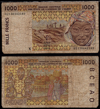 Кот-д'Ивуар 1000 франков 2003 Перевозка арахиса, Женщина, на обратной стороне: женщины, контейнеры для хранения вещей на берегу реки. Pick 111 Al бумага 7523-10-4-1