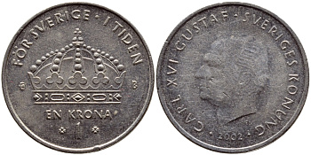 Швеция 1 крона 2002 Карл XVI Густав (1973- ) KM 894 медно-никель 4364-1217