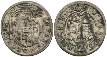 Австрия, Зальцбург 2 крейцера 1696 Иоганн Эрнст фон Тун (1687-1709) KM 280, Probszt 1865, Zöttl 2229 серебро 413-5414
