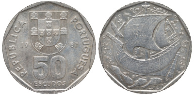 Португалия 50 эскудо 1987 парусник KM 635 медно-никель 69-541