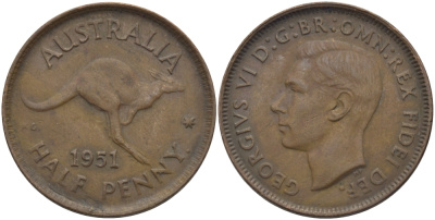 Австралия 1/2 пенни 1951 p, Георг VI (1936-1952), кенгуру, с точкой KM 42 бронза 97-911