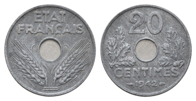 Франция 20 сантимов 1942 KM 900 цинк 3856-152