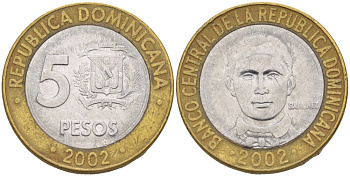 Доминиканская республика 5 песо 2002 Санчес KM 89 биметалл 4541-1122