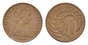 Новая Зеландия 1 цент 1967 Елизавета II (1952-2022), лист папоротника KM 31.1 бронза 4178-165