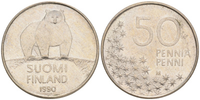 Финляндия 50 пенни 1990 M, полярный медведь KM 66 медно-никель 4528-657