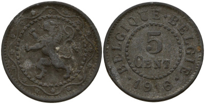 Бельгия 5 сантимов 1916 германская оккупация Первая мировая война, Альберт I (1910-1934) KM 80 цинк 4160-1114