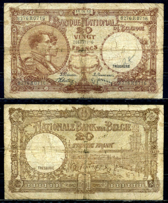 Бельгия 20 франков 1940 18.04.1940, Король Альберт I и его жена Королева Елизавета, Гран-Плас / Гроте Маркт, Брюссель Pick 111 (1) бумага 6301-26-3-1