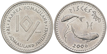 Сомалиленд 10 шиллингов 2006 знаки зодиака - Рыбы KM 8 нержавеющая сталь 4571-145
