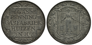 НИДЕРЛАНДЫ ЖЕТОН ND ХЁЙЗЕН ГАЗ ПФЕННИГ, ГАЗОВАЯ ФАБРИКА HUIZEN N.H., ДИАМЕТР 23,5 ММ. цинк 65-1051