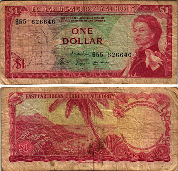 Восточно-Карибские штаты 1 доллар 1965 Британская администрация, серия В 55, подпись 8 Pick 13е бумага 435-73-2-1