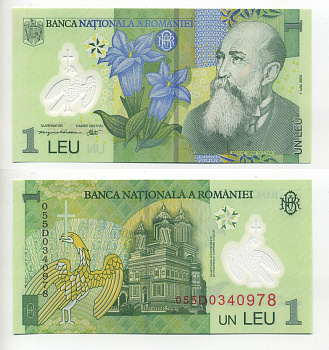 Румыния 1 лей 2005 (2005) Николае Йорга, Успенский собор Pick 117 а пластик UNC (пресс) 7217-8-3