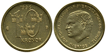 Швеция 10 крон 1996 B, Карл XVI Густав (1973- ) KM 877 медь алюминий цинк PROOFLIKE 36-1226