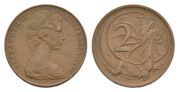 Австралия 2 цента 1974 Елизавета II (1952-2022), плащеносная ящерица KM 63 бронза 4580-955