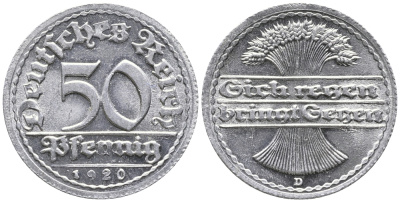 ГЕРМАНИЯ 50 ПФЕННИГОВ 1920 D KM 27, J. 301 алюминий UNC 24-937