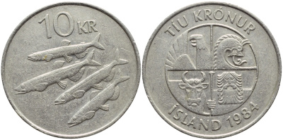 Исландия 10 крон 1984 РЫБЫ KM 29.1 медно-никель 3334-815