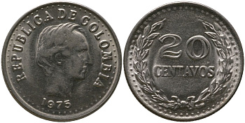 Колумбия 20 сентаво 1976 KM 246.1 сталь плакированная никелем 4529-815