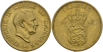 Дания 1 крона 1948 N;S, Фредерик IX (1947-1972) KM 837 алюминиевая бронза 4187-911