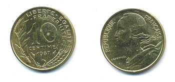ФРАНЦИЯ 10 САНТИМОВ 1987 ТИП MARIANNE KM 929 медь алюминий никель 84-1635