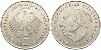ФРГ 2 МАРКИ 1979 G, ТЕОДОР ХОЙС KM 127, J. 407 медно-никель плакированный никелем 3856-347