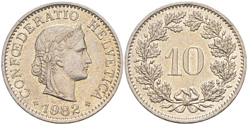 Швейцария 10 раппенов 1982 KM 27 медно-никель 55-516