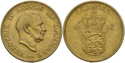 Дания 1 крона 1948 N;S, Фредерик IX (1947-1972) KM 837 алюминиевая бронза 4187-911