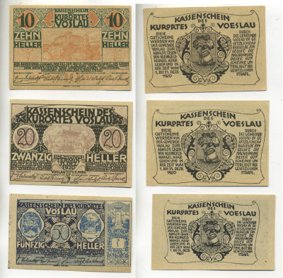 АВСТРИЯ НАБОР ИЗ 3 БАНКНОТ 1920 28 МАЯ 1920-1 ИЮЛЯ 1920, НОТГЕЛЬД, 10, 20, 50 ГЕЛЛЕРОВ, VOSLAU бумага aUNC 6280-60-1