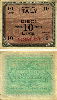 Италия 10 лир 1943 серия 1943 А, второй выпуск серия А-в, военная валюта союзников Pick M19b бумага 7183-15-2-2