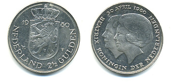 Нидерланды 2 1/2 гульдена 1980 коронация Беатрикс, 30 апреля 1980 KM 201 никель 84-1234