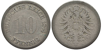 ГЕРМАНИЯ 10 ПФЕННИГОВ 1874 A, СТАРОГЕРБОВКА KM 4, Jager 4, Weege 7 медно-никель 4546-1111