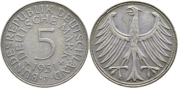 ФРГ 5 марок 1951 J (Гамбург), J. 387, KM 112.1 серебро 58-822