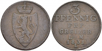 Рейсс-Оберграйц 3 пфеннига 1831 L KM 103 медь 00-00