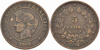 ФРАНЦИЯ 5 САНТИМОВ 1898 А, ТРЕТЬЯ РЕСПУБЛИКА (1871-1940) KM 821.1, LE FRANC 118.42 бронза 108-657
