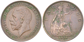 Великобритания 1 фартинг 1936 Георг V (1910-1936) KM 825, Spink 4061 бронза 4613-468