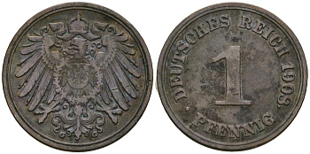 Германия 1 пфенниг 1908 G, Вильгельм II (1888-1918) KM 10, J. 10 медь 4608-239