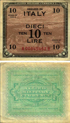 Италия 10 лир 1943 серия 1943 А, второй выпуск серия А-в, военная валюта союзников Pick M19b бумага 7183-15-2-2