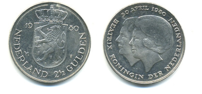 Нидерланды 2 1/2 гульдена 1980 коронация Беатрикс, 30 апреля 1980 KM 201 никель 84-1234