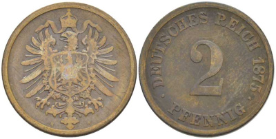 ГЕРМАНИЯ 2 ПФЕННИГА 1875 H, СТАРОГЕРБОВКА KM 2, J. 2, Weege 3 медь 212-522