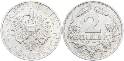 Австрия 2 шиллинга 1947 KM 2872 алюминий 3333-1235