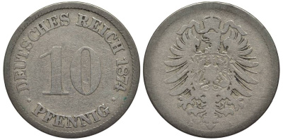 ГЕРМАНИЯ 10 ПФЕННИГОВ 1874 A, СТАРОГЕРБОВКА KM 4, Jager 4, Weege 7 медно-никель 4546-1111